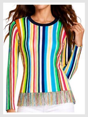 Milly Rainbow Striped Fringe Hem Ribbed Knit Blouse S